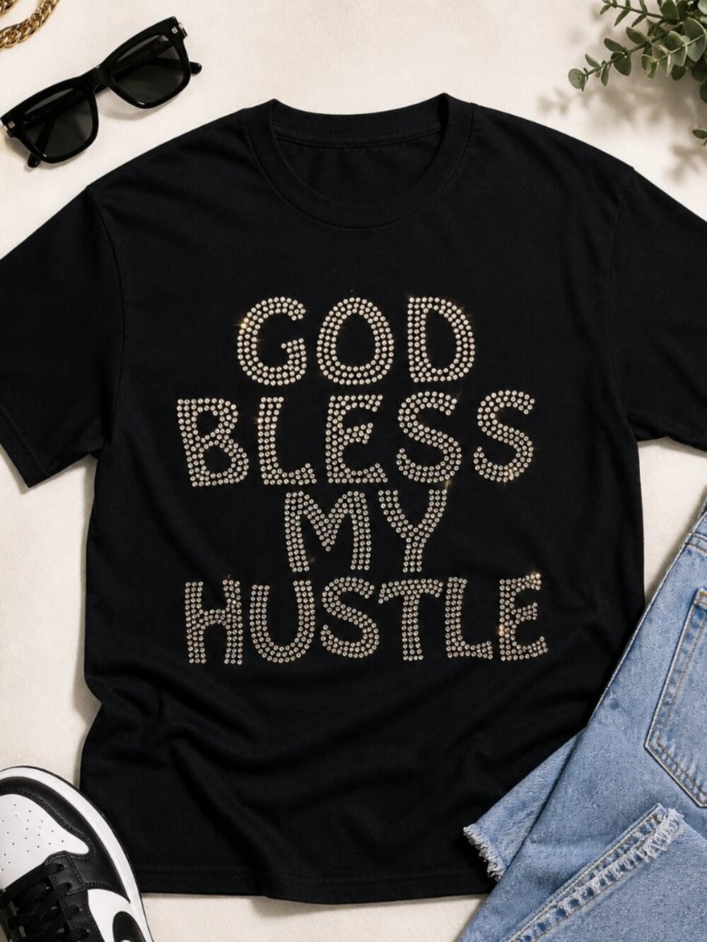 God Bless My Hustle Rhinestone Black T-Shirt